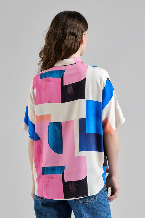 Dedicated Shirt Alsvik mit geometrischem Abstract Block Print in Rosa Creme Kobaltblau Navy und Orange