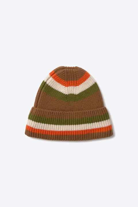 Thinking Mu Amor Beanie – Frontansicht mit Thinking MU Label, bunt gestreift
