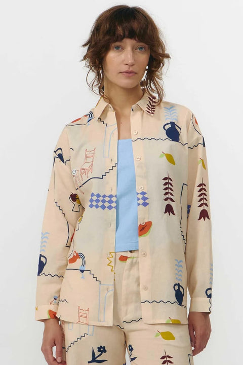 TER Shirt Print Holiday von Suite13Lab in Beige, Regular Fit, lange Ärmel mit Manschetten und Corozo-Knöpfen