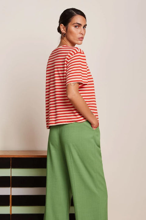 King Louie Boxy Tee Chopito Stripe, T-Shirt in Rot und Creme, aus Bio-Baumwolle für einen modernen Look