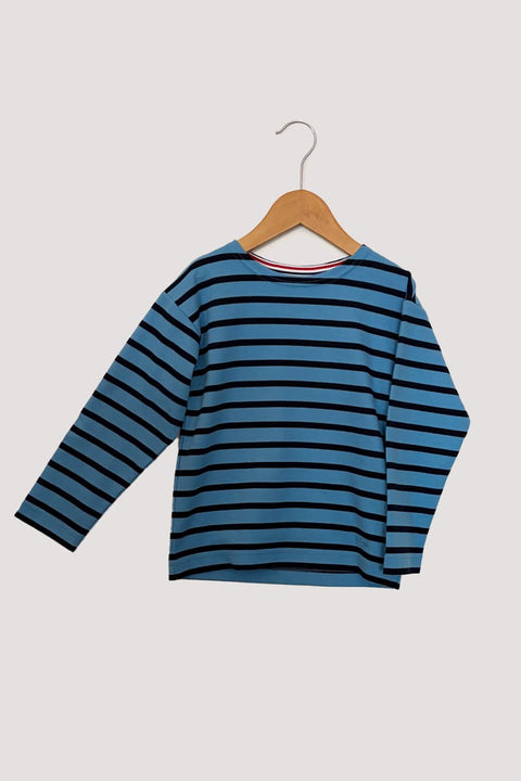 Bretonisches Kinder-Shirt modAS Azur Blau, getragen von Kind, elastisch gewirkte Baumwolle, maritimer Look