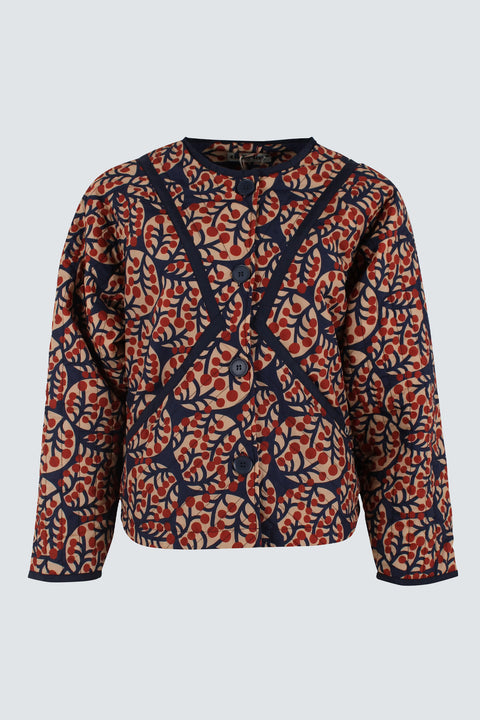 Danesparrow AOP Thermo Jacket Dark Navy Macro Micro von Danefae, kurze Steppjacke in Marineblau mit gebranntem Rot und Sand, 100% Nylon