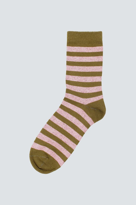 Daneraven Glitter Socks Quail/Olive von Danefae, Einheitsgröße, Streifenmuster in Altrosa und Olivgrün mit Glitzereffekt