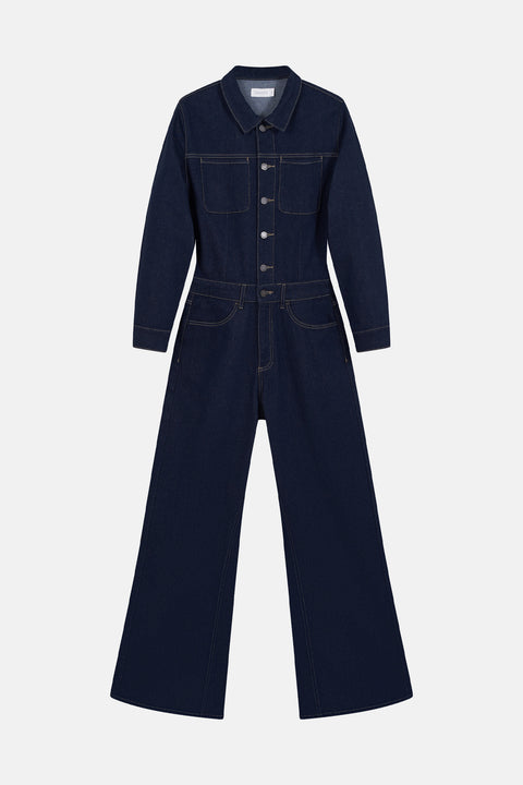 TWITTER Overall DAWN Denim Stay Blue – Detailansicht aufgesetzte Brusttaschen und Innennahteinsatz am weiten Bein, 99% Regenerative Cotton