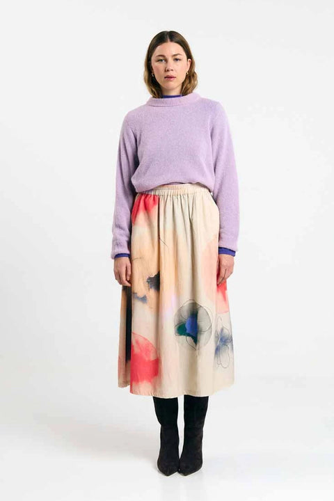 Dax Skirt Print Garden von SUITE13LAB, Midi-Rock aus Bio-Baumwoll-Mikrocord mit Blumen-Garten-Print, A-Linie, GOTS zertifiziert