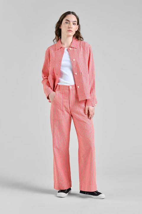 Weite Damen-Workwear-Hose in Grenadine-Rot mit weißen Streifen