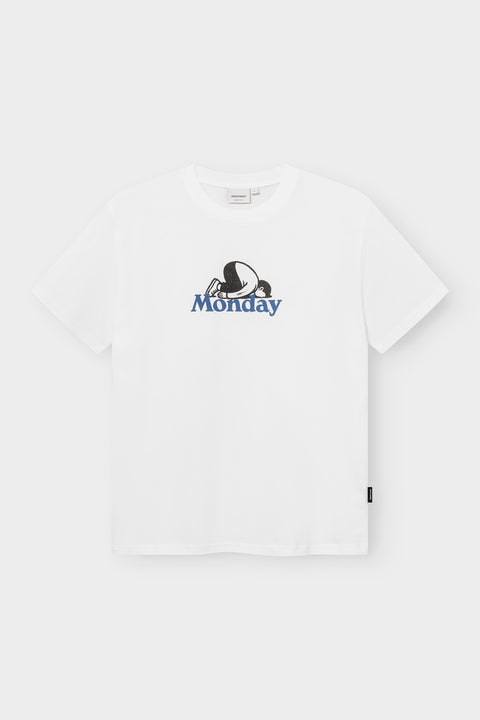 T-Shirt Stockholm Monday Crash White von Dedicated, Regular Fit, weißes Bio-Shirt mit Monday Crash Grafik auf der Brust