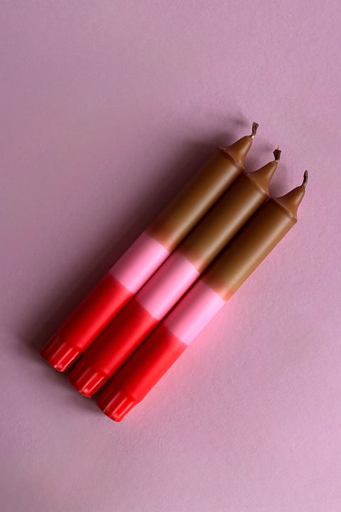 Dip Dye Kerzen 3er Set in Braun Neonpink und Rot aus Stearin
