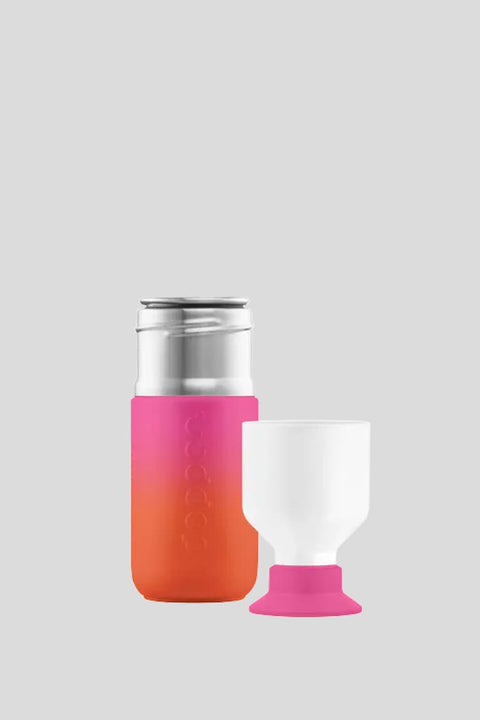 Dopper Steel 350 ml Sunset Pink, Flasche geöffnet mit Becher und Verschluss, 19 cm hoch, leicht und nachhaltig