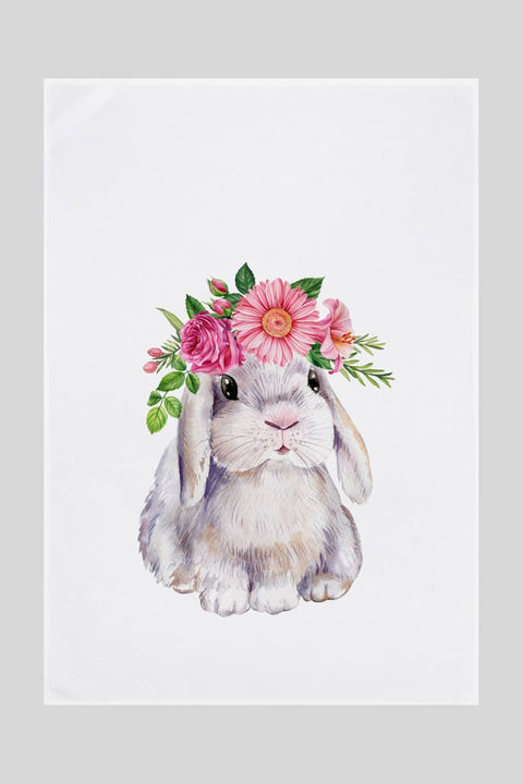 Miss Cotton Dish Towel Flower Bunny – White Organic Cotton Towel with Watercolor Bunny and Floral Wreath, 50 × 70 cm
