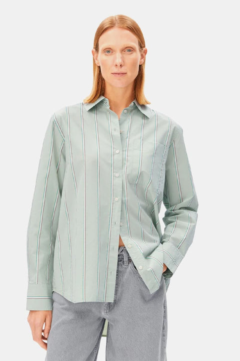 Gestreifte Damenbluse in Graugrün mit Brusttasche