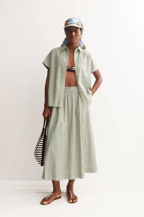 Stripe A-Line Midi Skirt von ARMEDANGELS in Foam-Light Oatmilk-Dried Palm, Salbei und Braun gestreift, A-Linie, knöchellang