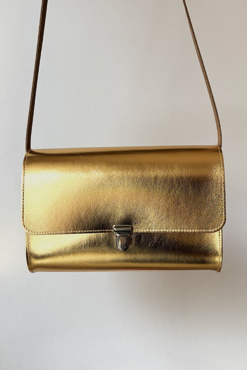 Große Vintage Ledertasche Gold aus Naturleder mit Schulterriemen