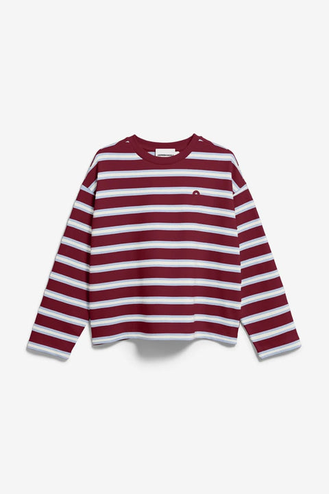 FRANKAA Bold Sweatshirt von ARMEDANGELS – dreifarbiger Streifen in Velvet Red, Soft Blue und Undyed