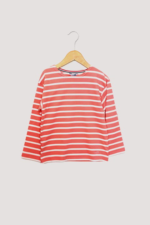 Bretonisches Kinder-Shirt von modAS in Altrosa und Weiß, langärmelig, Rundhalsausschnitt, Koralle-Weiß-Streifenmuster