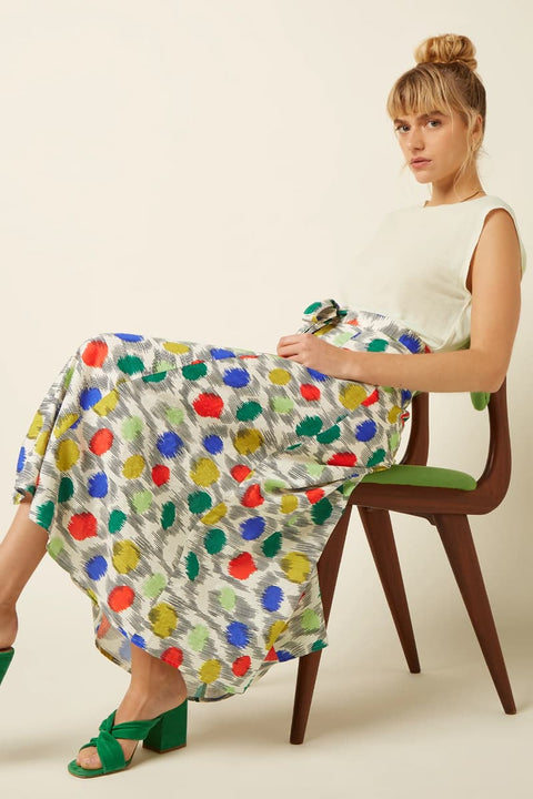 Judy Midi Skirt Walton King Louie – Detailansicht Knopfleiste und Bindegürtel, High Waist