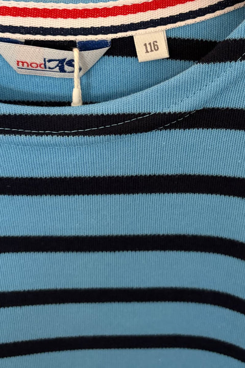 Bretonisches Kinder-Shirt modAS Azur/Blau – Detailansicht seitliche Schulternieten und Blau-Dunkelblau-Streifen