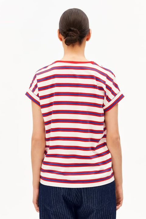 Nachhaltiges Damen T-Shirt mit Streifen in Oatmilk Rot Blau