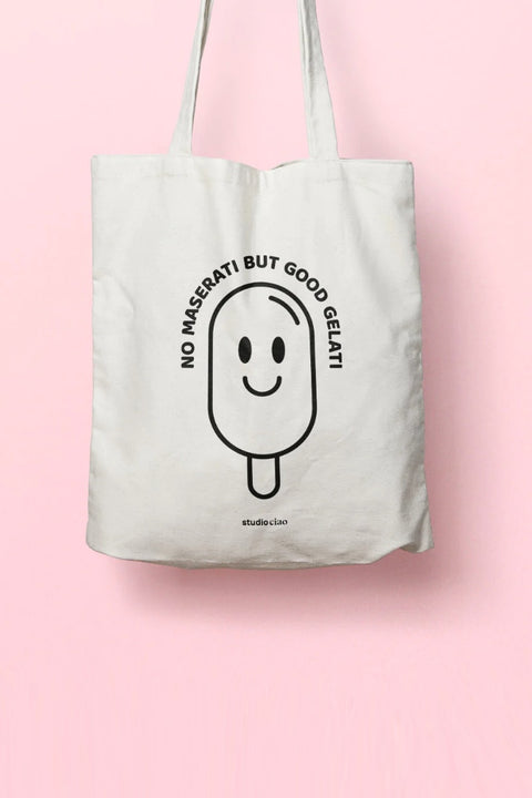 Nachhaltige Totebag: "NO MASERATI BUT GOOD GELATI" Motiv