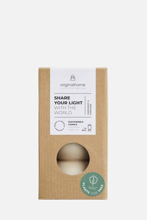 Beige Kerze aus zertifiziertem Pflanzenwachs mit langer Brenndauer