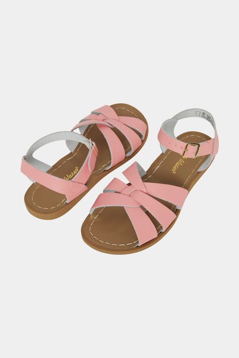 Original Damen-Sandale von Salt-Water Sandals in Candy-Pink, geflochtenes Lederoberteil, handvernähte Sohle, rostfreie Schnallen