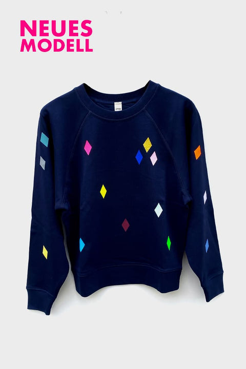 Dunkelblauer Damen-Sweater mit bunten Glitzerrauten von POM Berlin