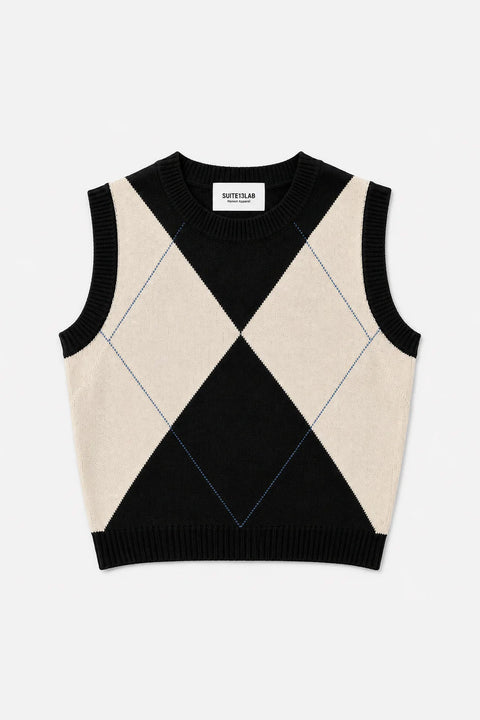 Relvas Vest Argyle schwarz-cremeweiß von SUITE13LAB, Frontalansicht