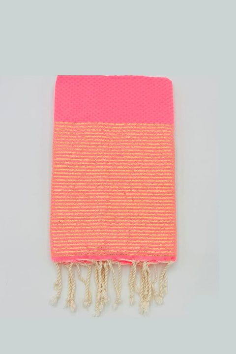 Fouta Nid d'Abeille Rose Fluo Lurex Fouta du Sud, als Strandtuch in der Sonne, Neonpink funkelt durch goldenen Lurex