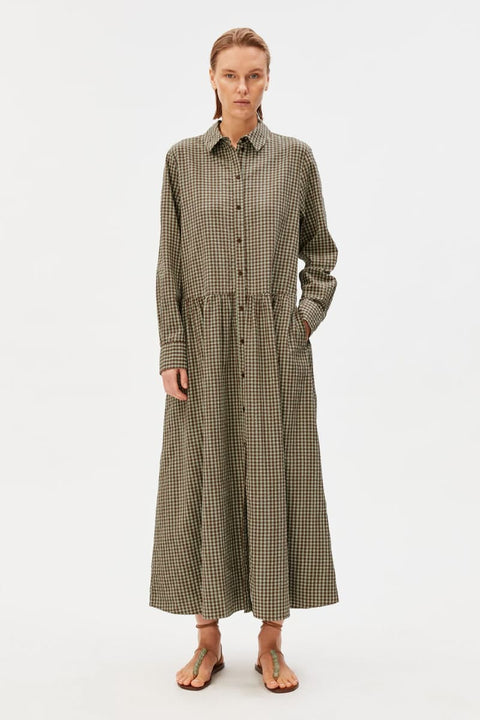 Vichy Seersucker Maxi Dress von ARMEDANGELS in Foam-Dried Palm, Salbei und Braun, Loose Fit, Maxi-Länge