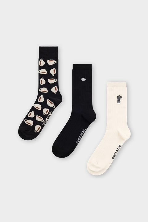 Socks Coffee 3-Pack Multi Color von Dedicated, drei Socken mit Kaffee-Motiven: Espressokanne, einzelne Tasse und Tassenmuster
