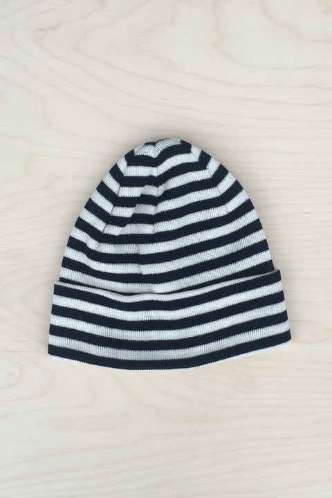 Mütze aus reiner Merinowolle Navy-natur geringelt