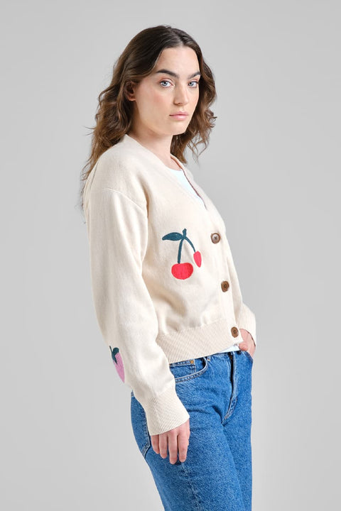 Damen Cardigan aus Bio-Baumwolle mit Jacquard-Beerenmotiv in Vanilleweiß