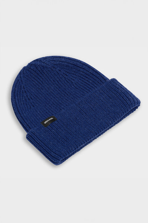 Dunkelblaue Beanie aus recycelter Wolle mit umschlagbarem Bündchen