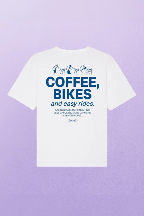 Weißes Oversized-T-Shirt mit blauem „Coffee, Bikes and easy rides“-Print