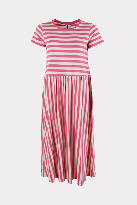 Danebasic Kroeyer Dress von Danefae in Soft Cherry und Light Beige, gestreift, T-Shirt-Ärmel, femininer Rock mit Weite