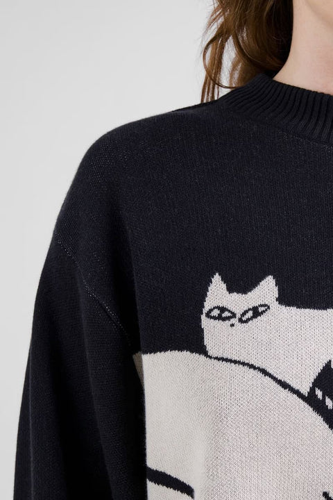 Nachhaltiger Pullover für Damen mit Katzenmotiv und lockerer Passform