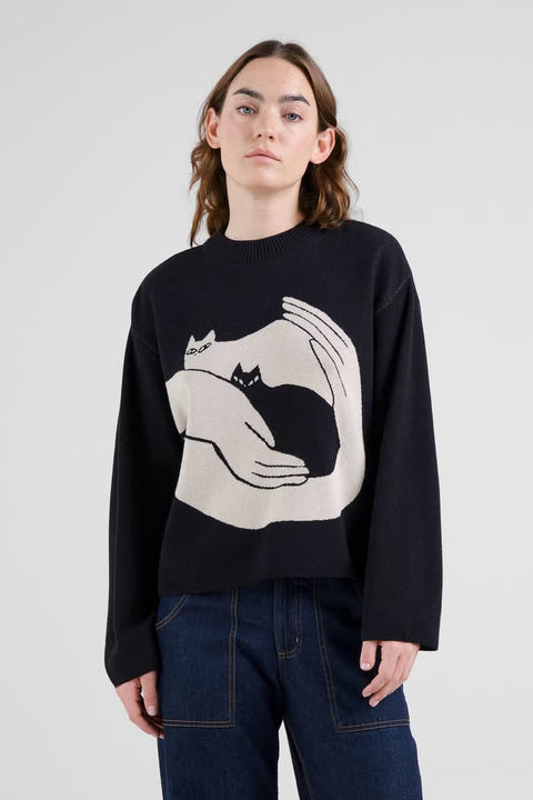 Strickpullover mit Kätzchenmotiv aus Bio-Baumwolle in Schwarz-Weiß