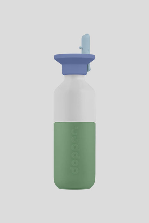 Dopper Flip Straw Seafoam Sorbet neben Dopper Steel Flasche, kühles Seafoam passt auf alle Dopper-Modelle