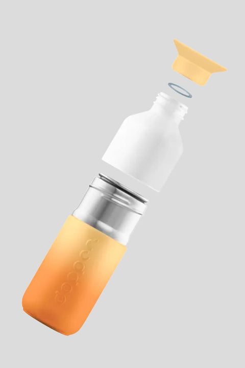 Dopper Steel Sunrise Yellow – Detailansicht leuchtender Farbverlauf von Gelb zu Orange, pulverbeschichteter Edelstahl