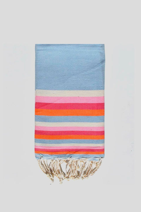 Fouta Miami Bleu Clair Fouta du Sud – Detailansicht Farbspiel Hellblau, Ecru, Rosa, Fuchsia und Orange, Baumwollgewebe