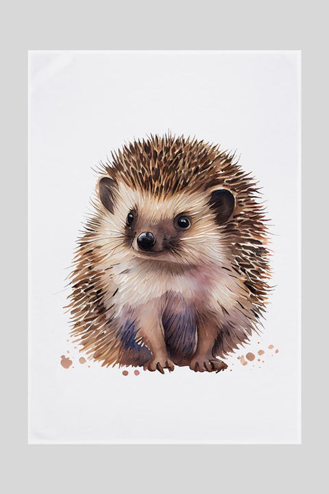 Miss Cotton Dish Towel Hedgehogs – White Kitchen Towel in Organic Cotton with Watercolor Hedgehog Motif, 50 × 70 cm