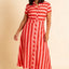 Jonie Dress Block Stripe von Pretty Vacant in Lachs-Rot, ausgestelltes Hemdblusenkleid, Midi-Länge bis Wadenmitte, kurze Ärmel