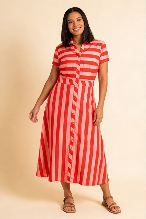 Jonie Dress Block Stripe von Pretty Vacant in Lachs-Rot, ausgestelltes Hemdblusenkleid, Midi-Länge bis Wadenmitte, kurze Ärmel