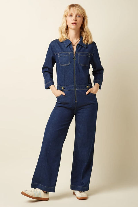 Blauer Onyx Denim Jumpsuit mit Stretch, Blusenkragen und praktischen Taschen