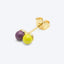 Double Color Ball Ohrring LULU Copenhagen, alle fünf Farbvarianten nebeneinander, von Mint-Lila bis Lime-Lila, LULU Signature-Box