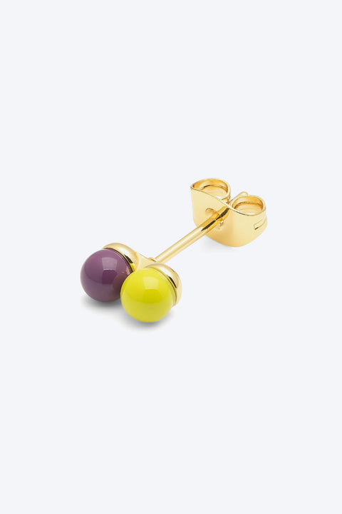 Double Color Ball Ohrring LULU Copenhagen, alle fünf Farbvarianten nebeneinander, von Mint-Lila bis Lime-Lila, LULU Signature-Box