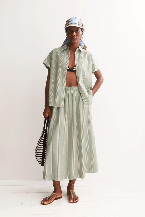 Stripe A-Line Midi Skirt von ARMEDANGELS in Foam-Light Oatmilk-Dried Palm, Salbei und Braun gestreift, A-Linie, knöchellang