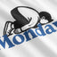 Stockholm Monday Crash Dedicated – Detailansicht kauernde Figur in Schwarz über fettem Monday-Schriftzug in Blau auf weißem Shirt