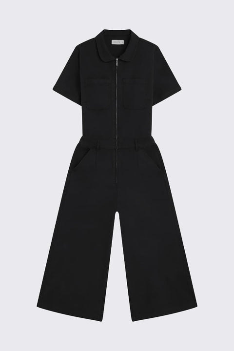 Schwarzer Overall aus regenerativer Baumwolle mit weiter Beinform