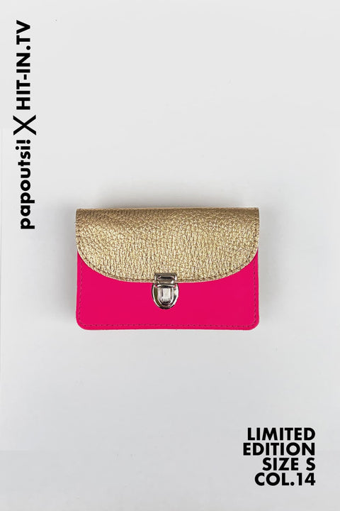 Papoutsi X HIT-IN.TV Portemonnaie Small COL.14, Rindsleder in Gold Neonpink Lila und Metallic-Blau, 8 x 12 cm, limitierte Sonderedition